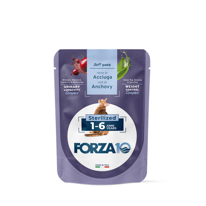 FORZA10 BotaniCAT Sterilizētiem Kaķiem 1-6 g., Ar Anšoviem, Mīkstā pastēte, 80 g - 1