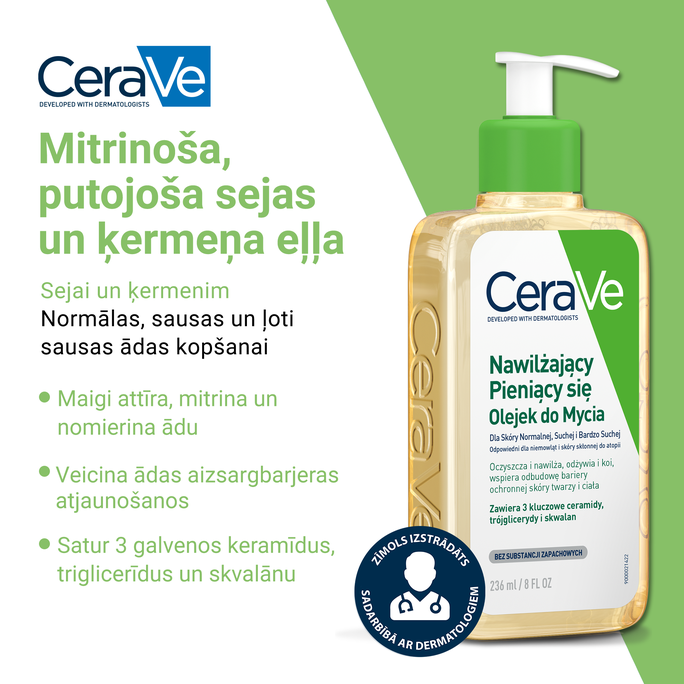 CERAVE For Face And Body With Ceramides Moisturising attīroša eļļa, 236 ml - 2