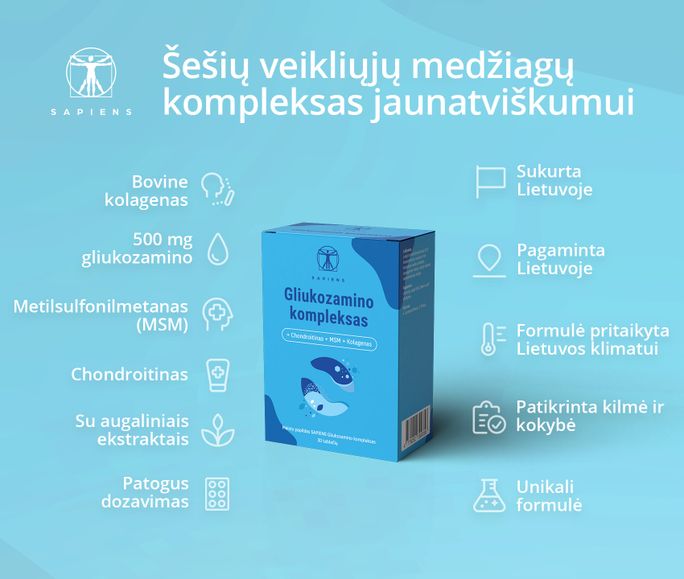 SAPIENS Gliukozamino Kompleksas dengtos tabletės, 30 vnt. - 2