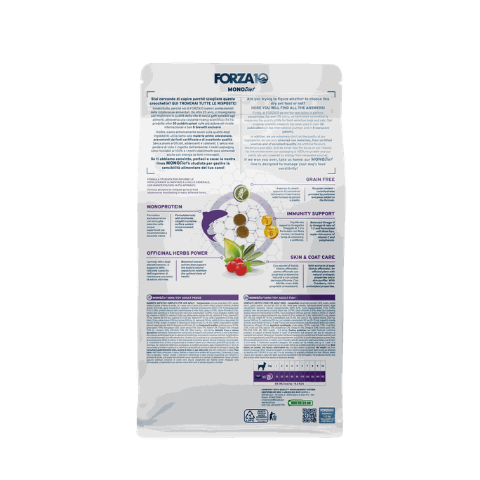 FORZA10 Monodiet Sensitive Skin Mini/Toy Adult Ar Zivi, Suņiem sausā barība, 1.5 kg - 2