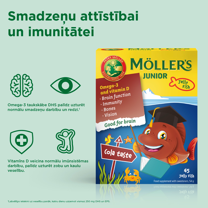 MOLLERS Junior Zivju Eļļa ar Kolas Garšu želejas zivtiņas, 45 gab. - 2