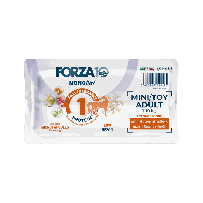 FORZA10 Monodiet Mini/Toy Adult Ar Zirgu Un Zirņiem, Suņiem sausā barība, 1.5 kg - 3